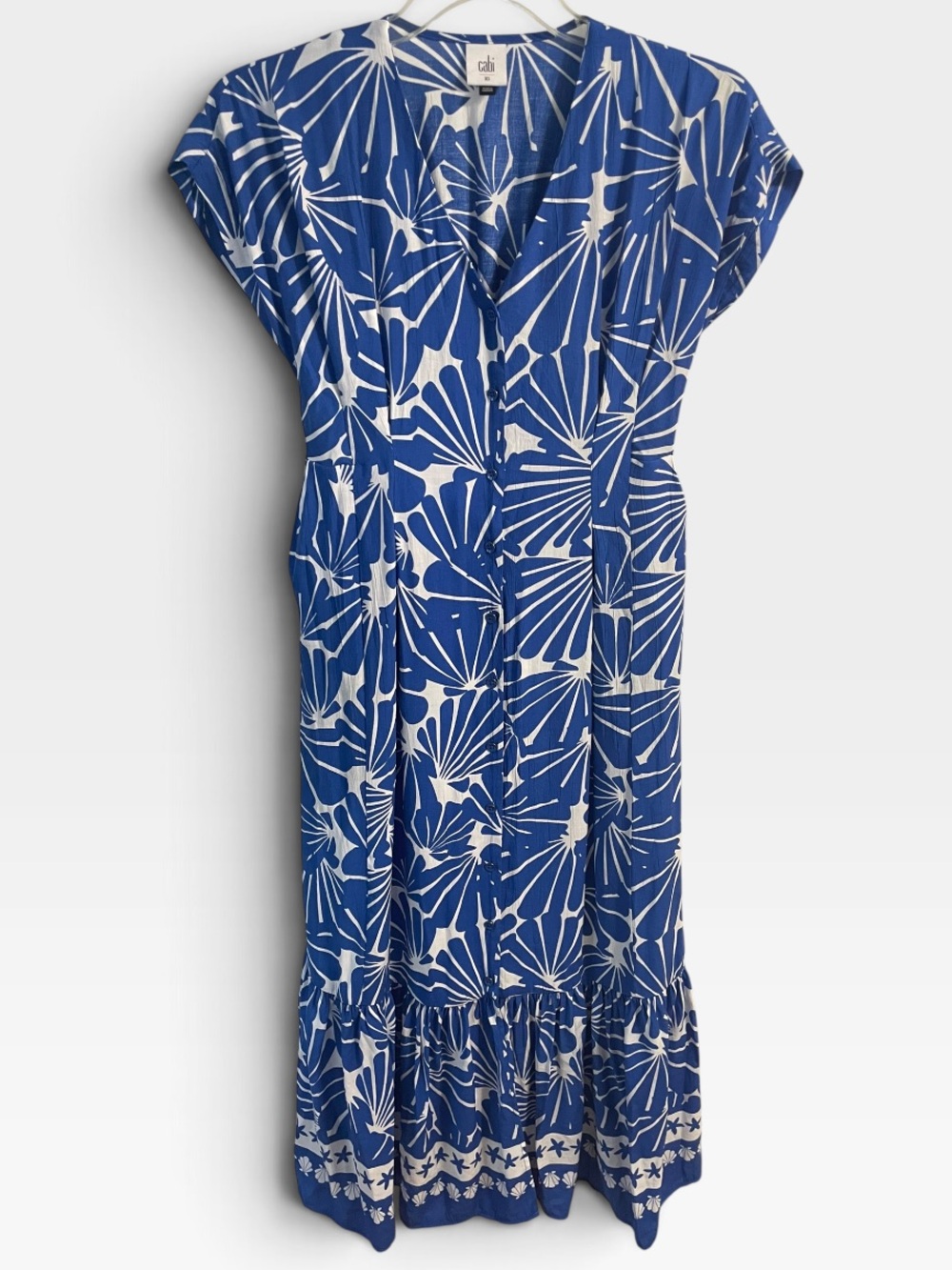 Cabi Blue White Tropical Print Button Front Maxi Dress Pockets XS